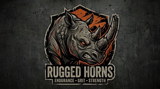 Aggressive rhino mascot logo featuring dark grunge aesthetic and sharp edges designed isolated on white background