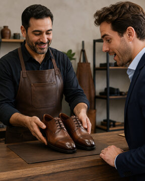 Happy shoemaker presenting leather shoe to surprised customer