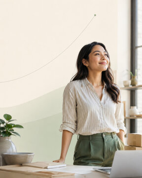 Happy woman dreamer working in home office