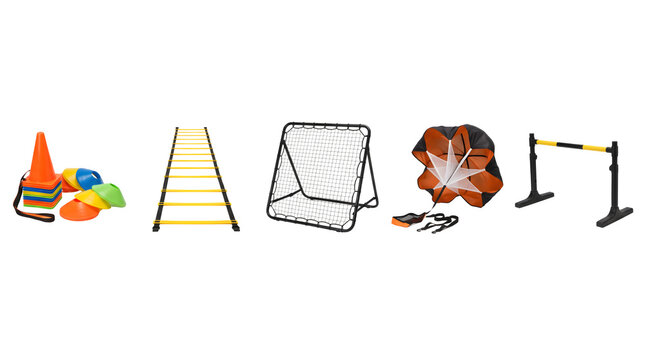 Professional athletic training equipment set, agility ladder and sports cones, speed chute and hurdle gear for fitness drills