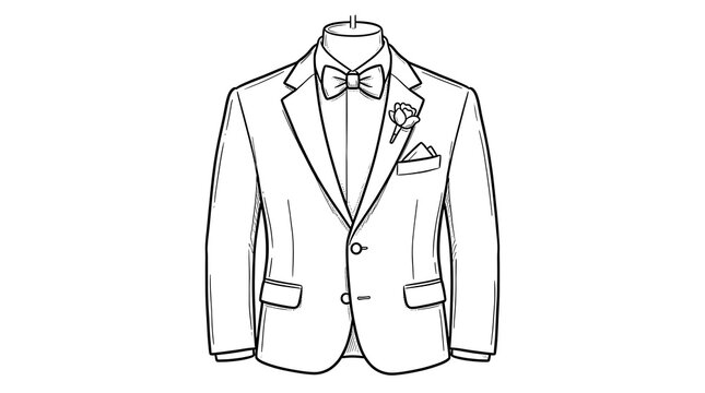 Elegant men's tuxedo jacket with bow tie and boutonniere line art illustration.