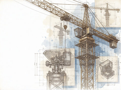 Technical crane blueprint illustration with watercolor accents