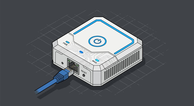 Modern white network router with blue accents and ethernet cable connected