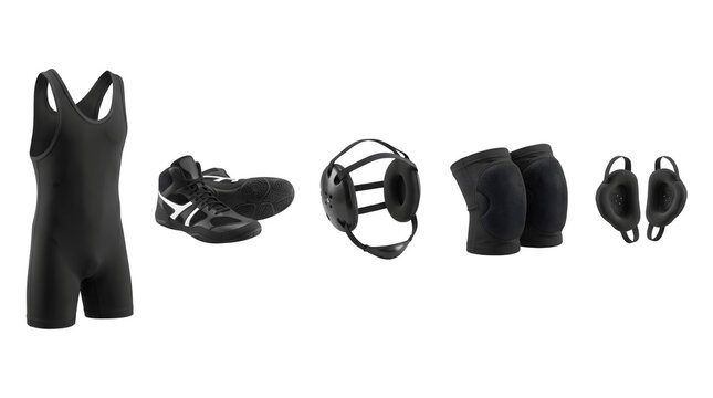 Professional wrestling gear set, black singlet and headgear on white background, athletic combat sports equipment collection