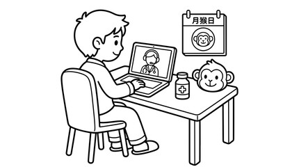 Fototapeta premium Man on video call with doctor, medicine bottle and monkey toy on desk, calendar in background