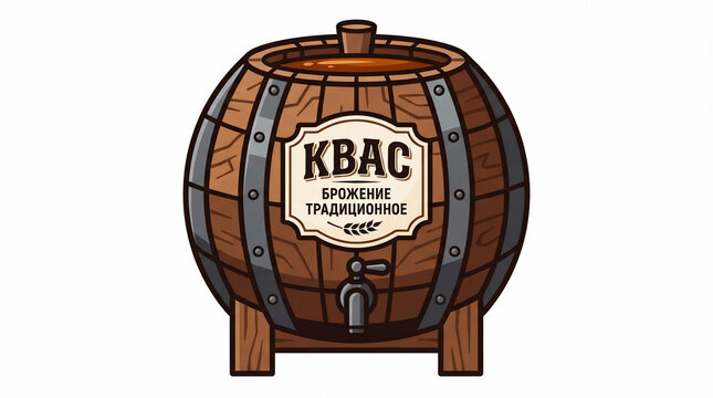 Traditional Russian Kvass Wooden Barrel Icon Vector Illustration for Fermented Grain Beverage Branding and Beverage Shop Design