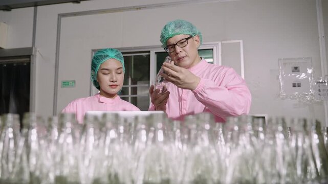 Two Asian quality control inspectors in uniform standing, using a laptop computer to analyze and inspect empty glass beverage bottles on moving conveyor belt in production line at industrial factory. 