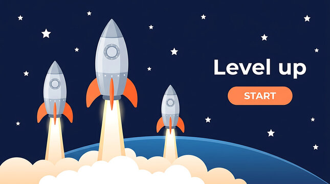 Rocket launch into space with level up text and start button for game interface