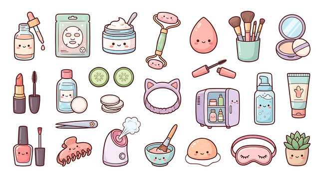 Collection of cute kawaii beauty and skincare routine elements designed as a sticker set isolated on transparent background