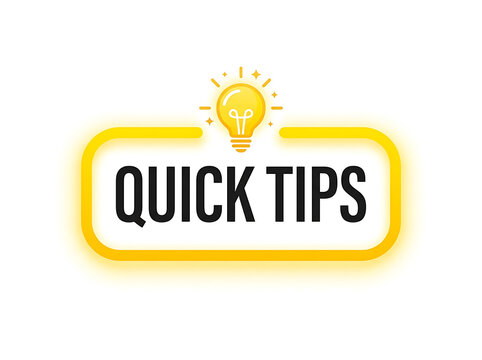 Quick tips text with light bulb icon isolated on white background