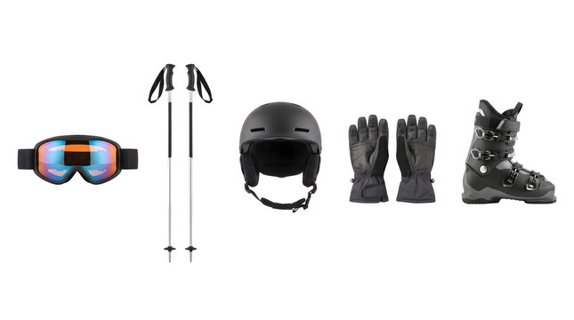 Professional ski equipment set on white background. Winter sports gear collection with helmet, goggles, poles, gloves, and boot.