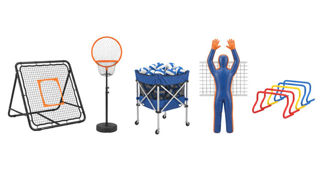 Professional sports training equipment set, athletic practice gear collection, volleyball and basketball coaching tools on white background