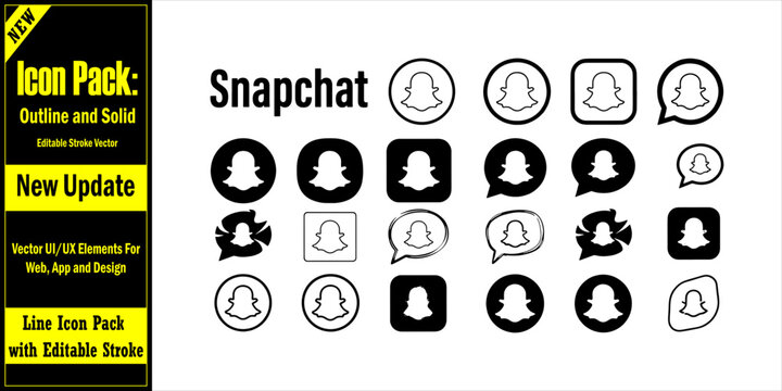 Snapchat ghost logo icon pack contains diverse black line and solid styles for mobile app development. Modern Social Media Icons Set