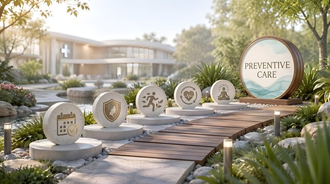 Preventive care wellness path with health icons leading to modern holistic medical clinic