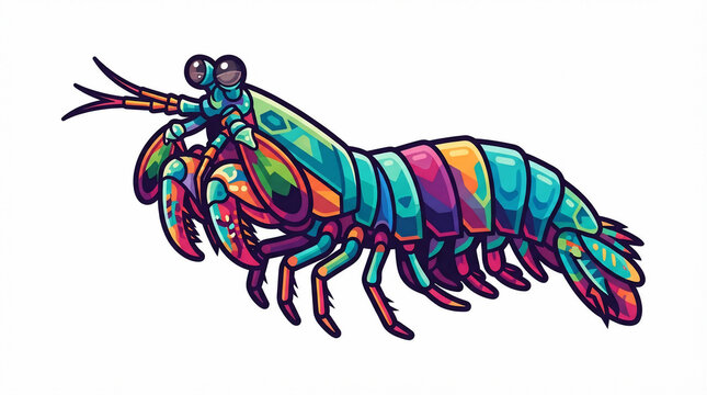 Colorful peacock mantis shrimp vector illustration isolated on white background, vibrant marine animal sticker design