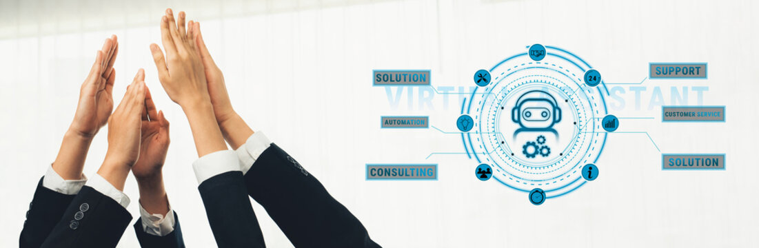 Diverse business professionals raise their hands in a moment of collaboration, paired with a virtual assistant graphic that embodies innovation and support. Trope