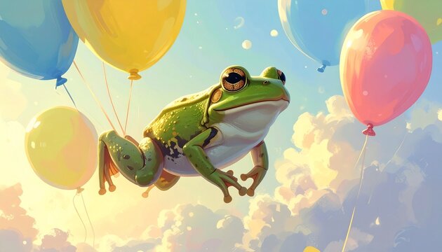 Cute Frog Illustration Floating with Colorful Balloons in a Bright Sunny Sky Background
