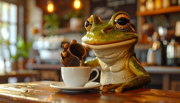 Whimsical ceramic frog barista figurine serving coffee in cozy rustic caf&eacute; setting