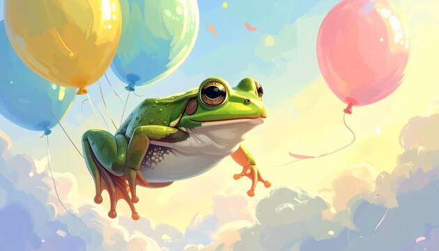 Cute Green Frog Illustration Floating in the Sky with Colorful Balloons for Kids Design