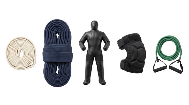 Martial arts training equipment set, grappling dummy and knee pads on white background, combat sports gear collection