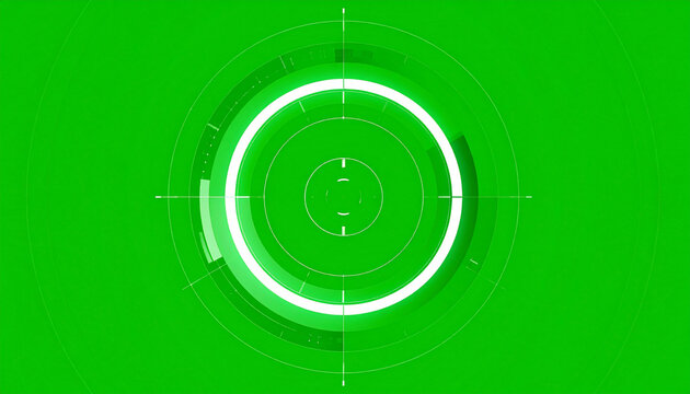 Futuristic Digital HUD Interface with Circular Target Reticle and Glowing Neon Rings on a Vibrant Green Screen Background