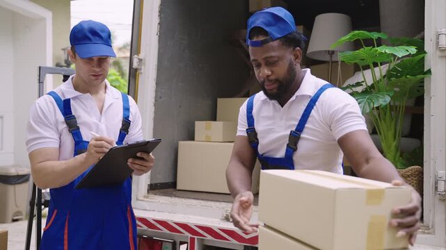 Home moving and delivery service concept. Teamwork of professional home and furniture moving with a truck from business service company. Two male movers in uniforms working and delivering to customer.