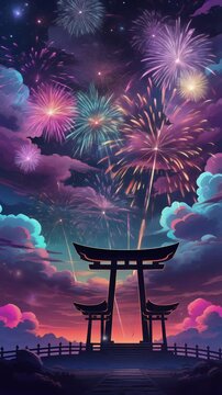 Fireworks Display Behind a Japanese Torii Gate Generative AI