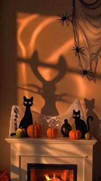 Cozy Halloween Fireplace Decorations with Black Cats and Pumpkins Generative AI