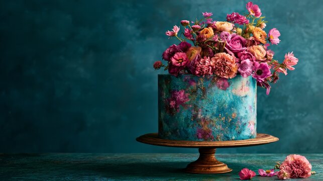 Elegant floral display cake with vibrant pink and purple blooms on a rustic wooden cake stand against a textured deep blue background