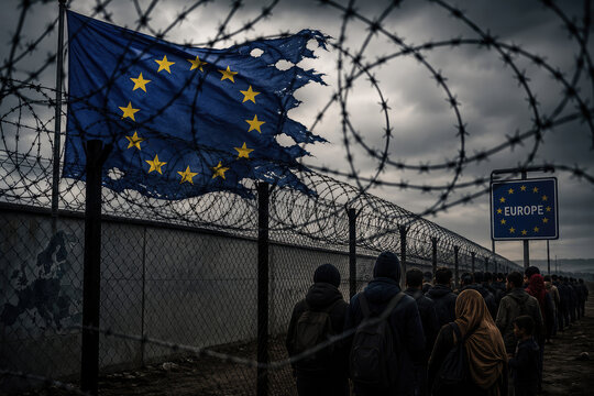 European Union Border Crisis with Refugees, Barbed Wire and Torn EU Flag