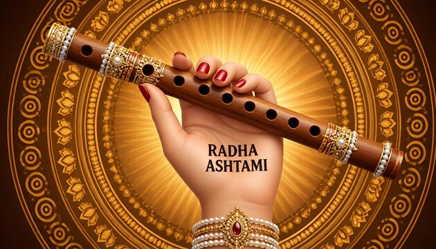 Radha Ashtami Greeting with a Hand with Mehendi holding a Traditional Indian Flute (Bansuri