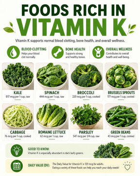 Vitamin K Rich Foods Infographic with Green Vegetables and Health Benefits