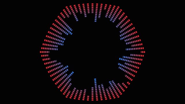 Hexagonal Audio Spectrum Animation with Pulsing Red and Blue Bars Against Black