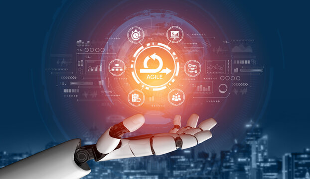 Futuristic robotic hand presenting agile project management concept with digital icons and data visualization in a modern city skyline background. Entropy.