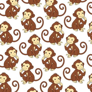 Playful cartoon monkey seamless pattern. Adorable primates with curly tails create a whimsical illustration, ideal for children's themes and repetitive graphic designs