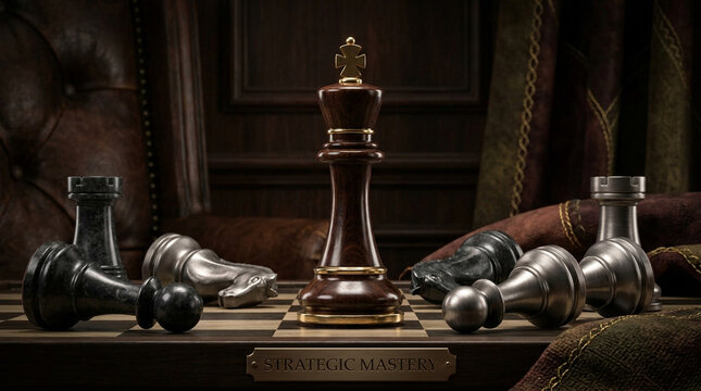Chess king victorious fallen piece in dark room suggests strategic mastery and dramatic triumph