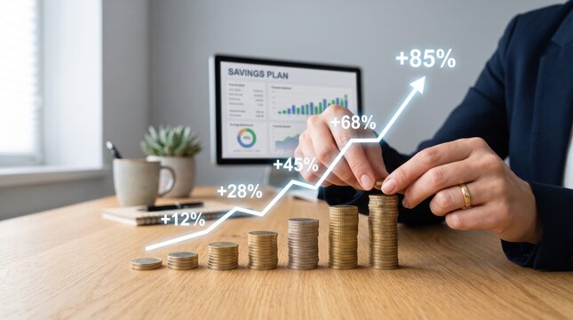 Hands stacking gold coins with rising arrow graph showing percentage increase, financial savings plan and investment growth concept on wooden desk.