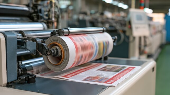 A close-up of a printing press in operation, with a roll of paper feeding into the machine and printed sheets emerging. The focus is on the machinery and the process of printing.