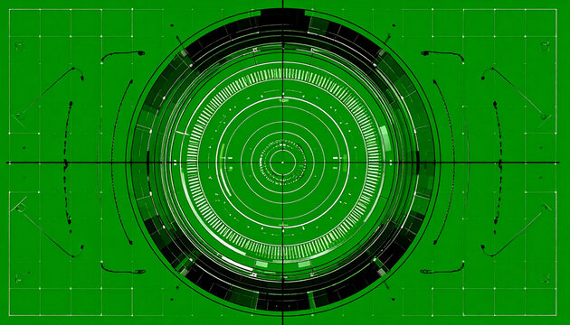Futuristic Green HUD Interface with Circular Scans and Grid Overlay, High-Tech Digital Display for Science and Technology Concepts