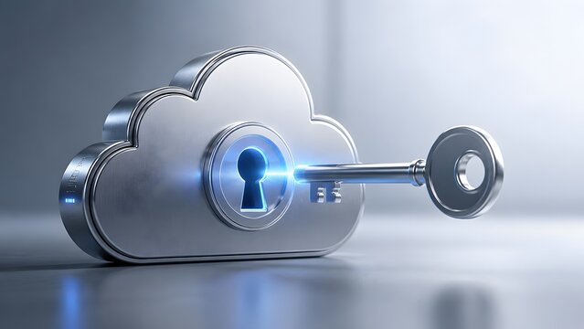 Metallic cloud computing symbol with glowing blue keyhole and key representing secure online data storage and network cybersecurity.