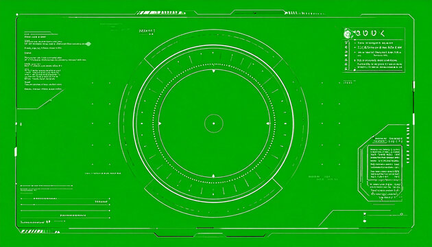 Futuristic HUD Display with Circular Target Reticle and Data Panels Green Screen Interface for Sci-Fi Technology and Digital Innovation Concepts