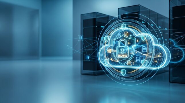 Futuristic cloud security concept featuring a glowing protected cloud, digital padlock, encrypted information, security shields, and connected server infrastructure.