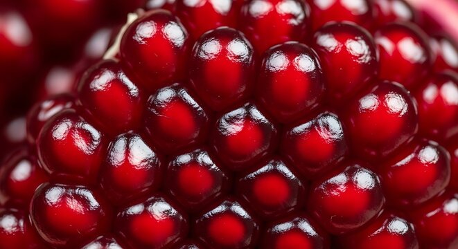 Macro shot of fresh and juicy red pomegranate seeds clustered together
