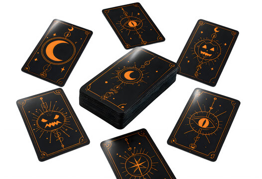 Deck of black tarot cards with orange mystical symbols