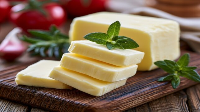 Fresh butter on wooden cutting board with fresh herbs and fresh vegetables in background evoking rustic kitchen ambiance and wholesome cooking inspiration