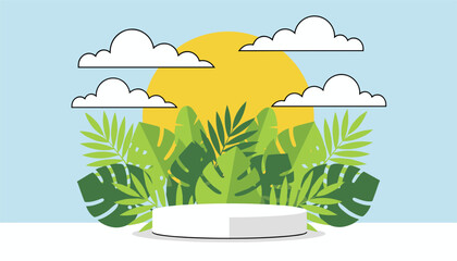 Fototapeta premium Empty white podium for product presentation set in front of lush tropical green leaves and a bright rising sun.