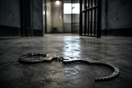 Metal handcuffs lying open on the concrete floor of a prison corridor. Concept of escaping or being released from prison.