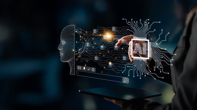Artificial intelligence interface concept showing human centered interaction, smart search, chat and automated assistance for future workflows and data analytics. Corpus