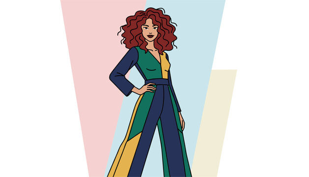 Stylish young woman with curly red hair poses confidently in a colorful retro inspired long sleeve jumpsuit.