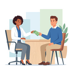 Fototapeta premium Doctor handing prescription to patient in modern medical office, flat vector illustration.